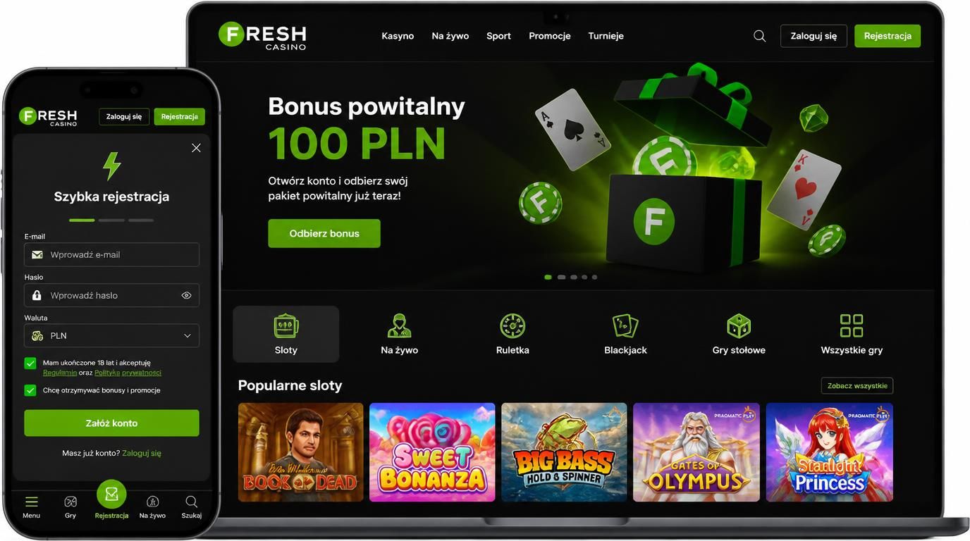 Interfejs rejestracji Fresh Casino z bonusem powitalnym