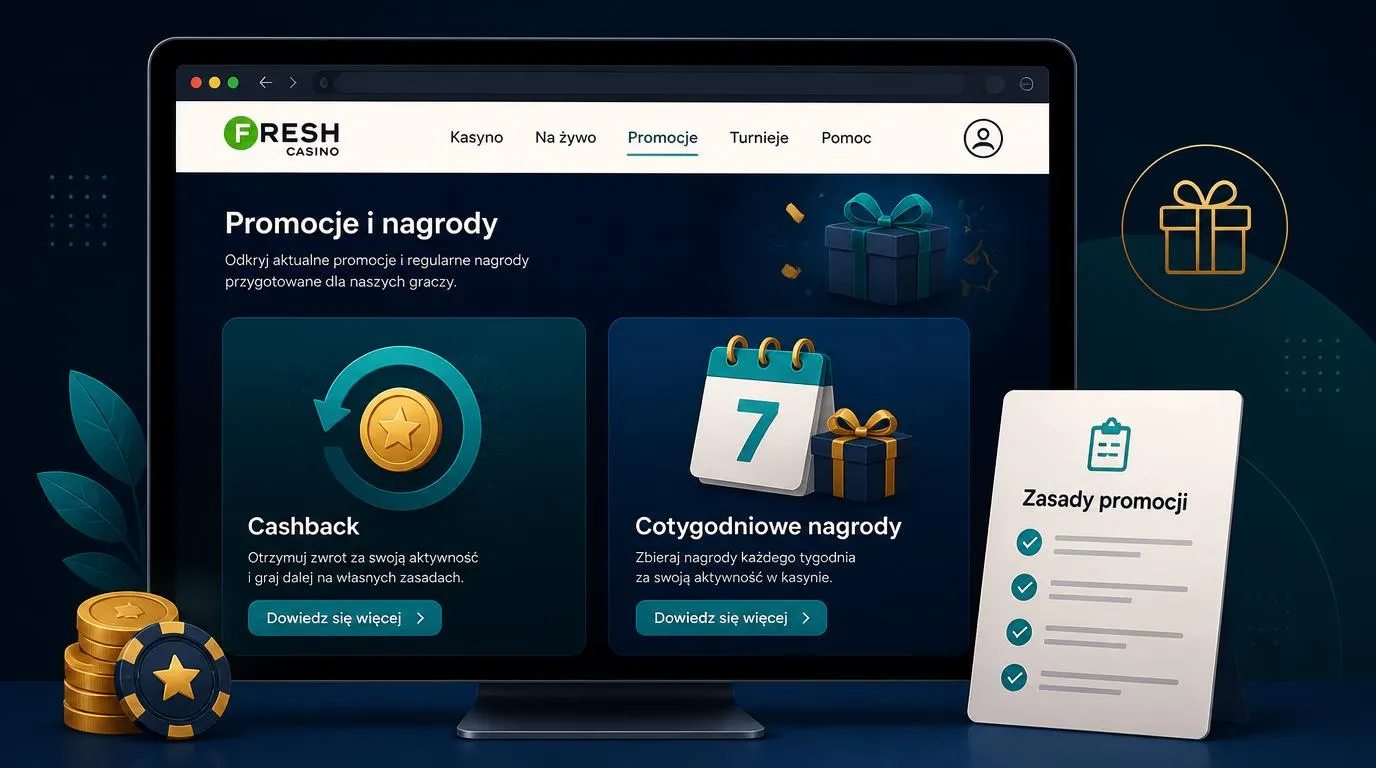 Ilustracyjny panel promocji kasyna online z kartami cashbacku i nagród oraz kalendarzem tygodniowym