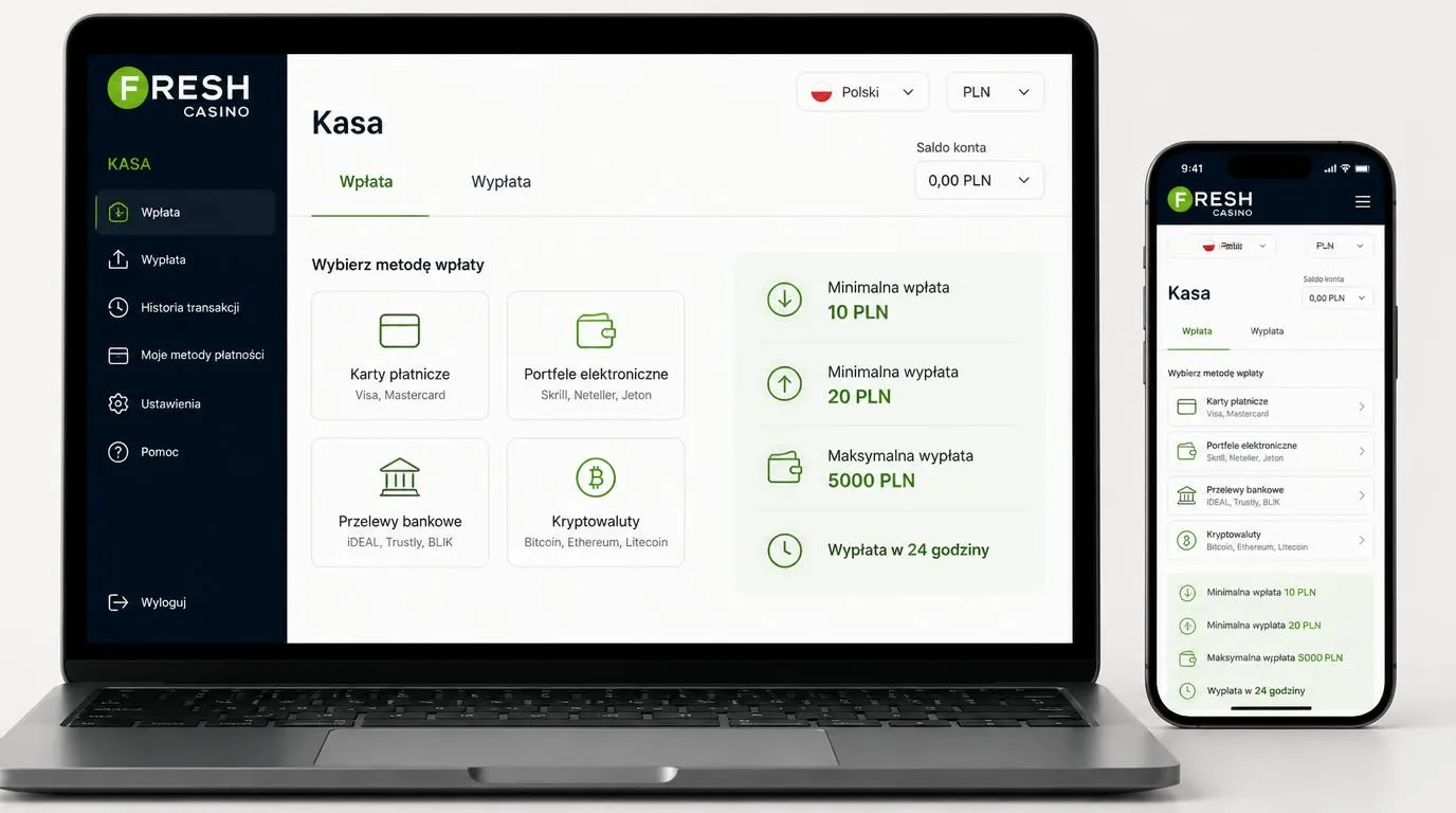 Panel kasy online z saldem w PLN, wyborem płatności i limitami wpłat oraz wypłat