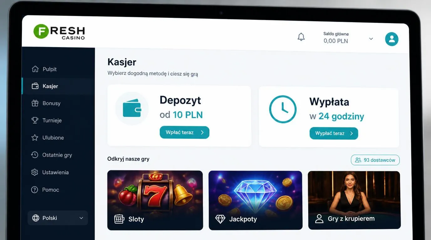 Panel kasyna online z depozytem 10 PLN, wypłatą w 24 godziny i kafelkami kategorii gier