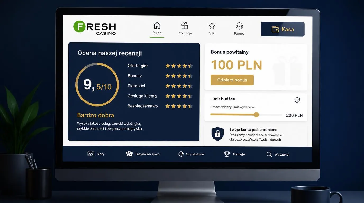 Panel kasyna online z oceną 9,5/10, bonusem 100 PLN i przyciskiem przejścia do kasy